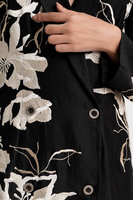 Shop Madder Much Black Cotton, Silk, Rayon Embroidery V-neck Lucas Overlap Blazer Dress Online at Aza Fashions Shop_Madder Much_Black Cotton, Silk, Rayon Embroidery V-neck Lucas Overlap Blazer Dress _Online_at_Aza_Fashions