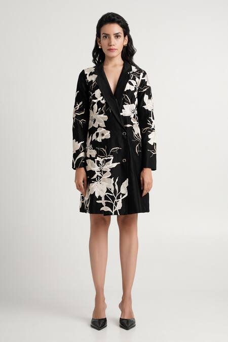 Buy Madder Much Black Cotton, Silk, Rayon Embroidery V-neck Lucas Overlap Blazer Dress Buy_Madder Much_Black Cotton, Silk, Rayon Embroidery V-neck Lucas Overlap Blazer Dress
