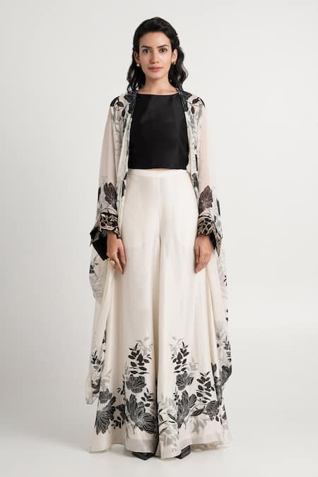 Shop Madder Much White Handloom Cotton, Silk, Cotton, Lucy Floral Pattern Jacket Pant Set Shop_Madder Much_White Handloom Cotton, Silk, Cotton, Lucy Floral Pattern Jacket Pant Set