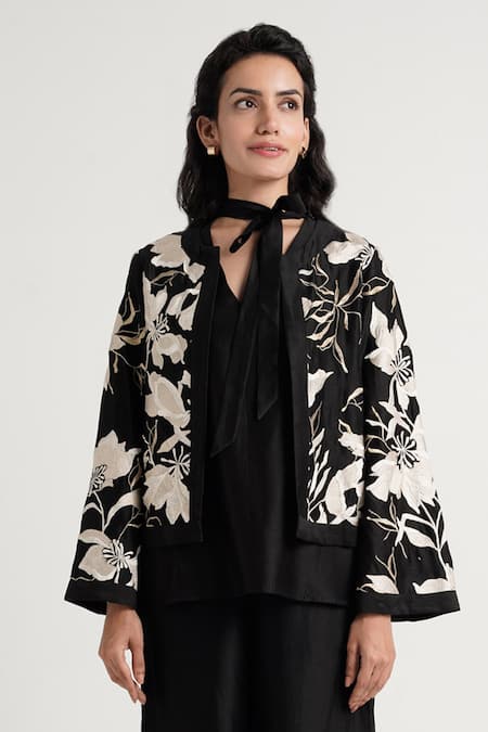 Shop_Madder Much_Black Handloom Cotton, Silk, Cotton, Chanderi Milan Dark Skies Top And Pant Set _Online_at_Aza_Fashions