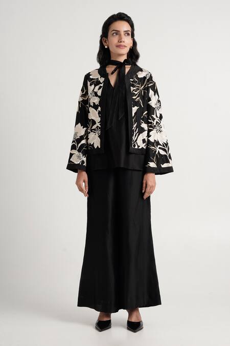 Madder Much_Black Handloom Cotton, Silk, Cotton, Chanderi Milan Dark Skies Top And Pant Set _at_Aza_Fashions