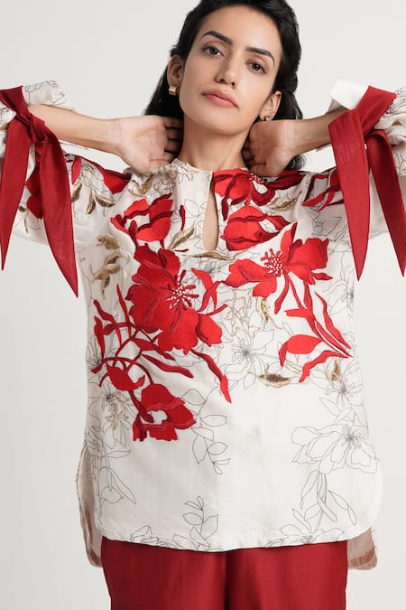 Buy_Madder Much_Red Handloom Cotton, Chanderi Silk, Rayon Nyla Bloom Top And Wide Leg Pant Set _Online_at_Aza_Fashions