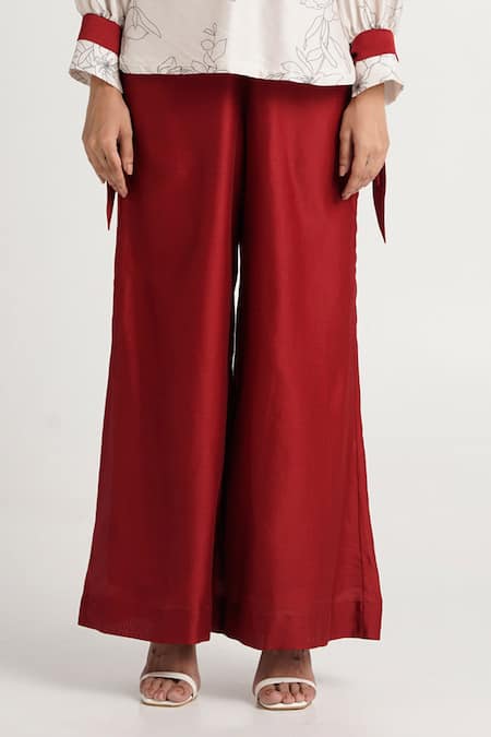 Shop_Madder Much_Red Handloom Cotton, Chanderi Silk, Rayon Nyla Bloom Top And Wide Leg Pant Set _Online_at_Aza_Fashions