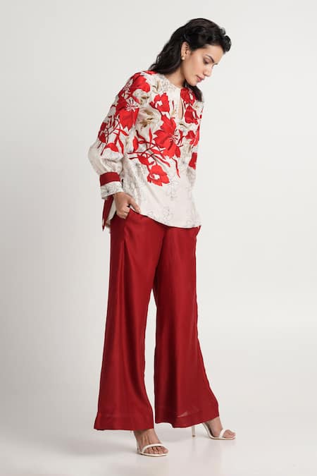 Madder Much_Red Handloom Cotton, Chanderi Silk, Rayon Nyla Bloom Top And Wide Leg Pant Set _at_Aza_Fashions