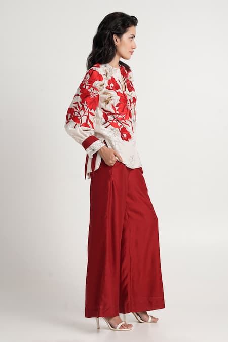Buy_Madder Much_Red Handloom Cotton, Chanderi Silk, Rayon Nyla Bloom Top And Wide Leg Pant Set 