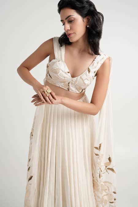 Buy_Madder Much_Ivory Handloom Cotton, Chanderi Silk, Opal Floral Bustier And Pleated Skirt Set _Online_at_Aza_Fashions