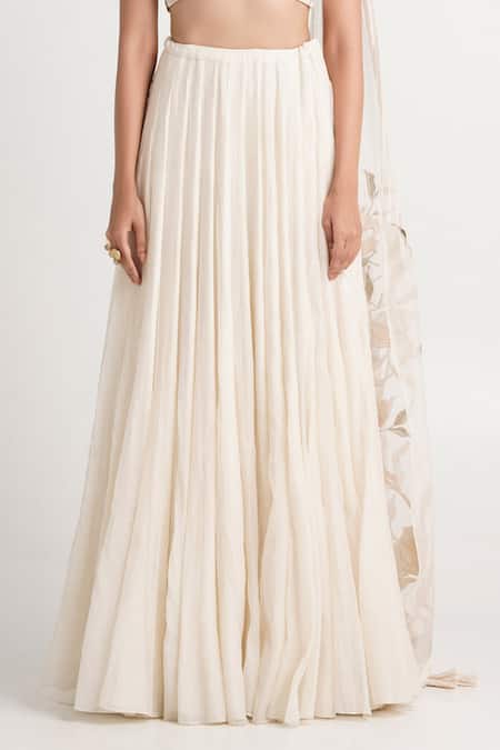 Shop_Madder Much_Ivory Handloom Cotton, Chanderi Silk, Opal Floral Bustier And Pleated Skirt Set _Online_at_Aza_Fashions