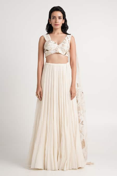 Madder Much_Ivory Handloom Cotton, Chanderi Silk, Opal Floral Bustier And Pleated Skirt Set _at_Aza_Fashions