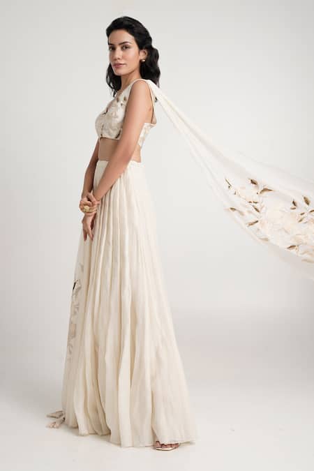 Buy_Madder Much_Ivory Handloom Cotton, Chanderi Silk, Opal Floral Bustier And Pleated Skirt Set 