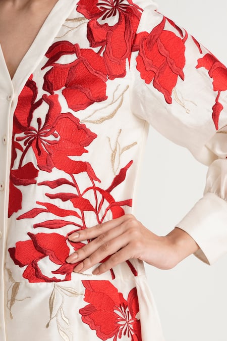 Madder Much_White Handloom Cotton, Chanderi Silk, Mars Square Hem Floral Tunic And Pant Set _Online_at_Aza_Fashions