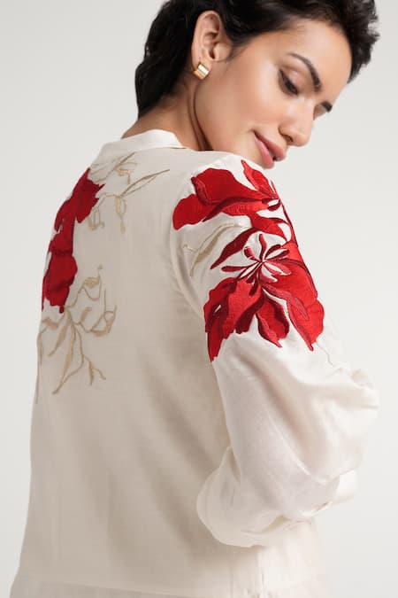 Shop_Madder Much_White Handloom Cotton, Chanderi Silk, Mars Square Hem Floral Tunic And Pant Set _Online_at_Aza_Fashions