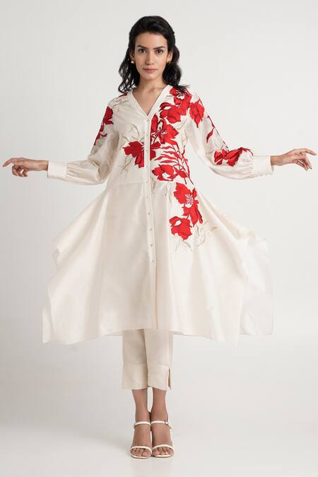 Madder Much_White Handloom Cotton, Chanderi Silk, Mars Square Hem Floral Tunic And Pant Set _at_Aza_Fashions