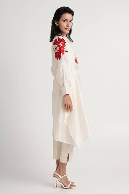 Buy_Madder Much_White Handloom Cotton, Chanderi Silk, Mars Square Hem Floral Tunic And Pant Set 