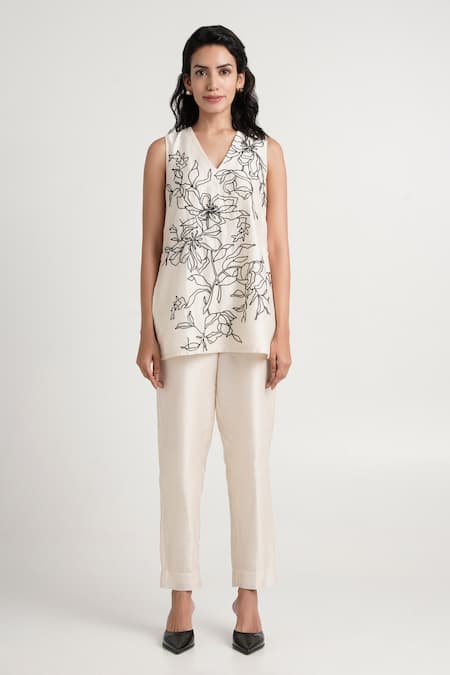 Buy Madder Much White Handloom Cotton, Chanderi Silk, Irwin Floral Sleeveless Top And Pant Set Buy_Madder Much_White Handloom Cotton, Chanderi Silk, Irwin Floral Sleeveless Top And Pant Set