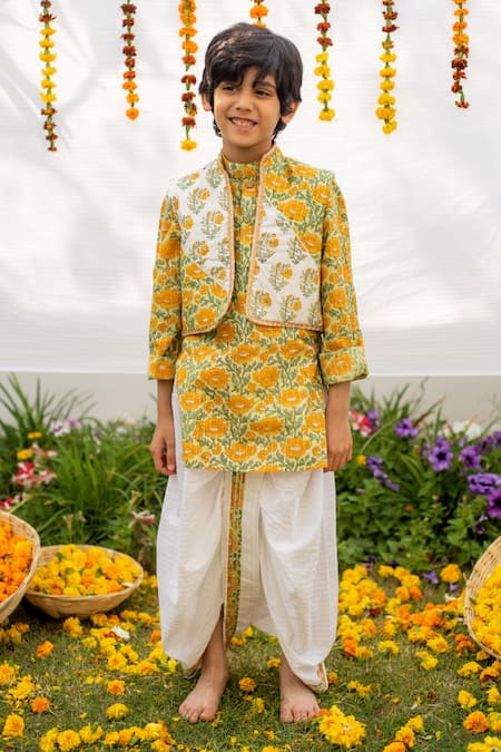 PlumCheeks Cotton Marigold Print Bundi & Kurta Set 