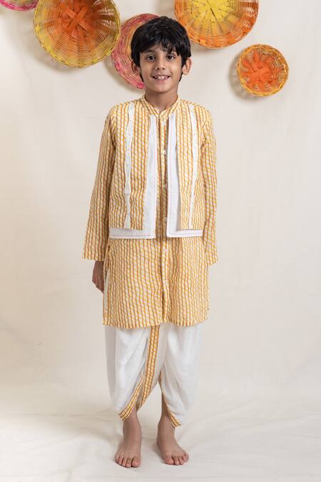 Plumcheeks_Orange 100% Cotton Hand Block Print Utsav Jacket Kurta And Dhoti Pant Set_Online_at_Aza_Fashions
