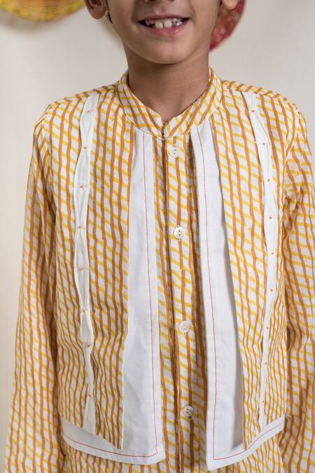 Shop_Plumcheeks_Orange 100% Cotton Hand Block Print Utsav Jacket Kurta And Dhoti Pant Set_Online_at_Aza_Fashions