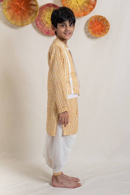 Plumcheeks_Orange 100% Cotton Hand Block Print Utsav Jacket Kurta And Dhoti Pant Set_at_Aza_Fashions