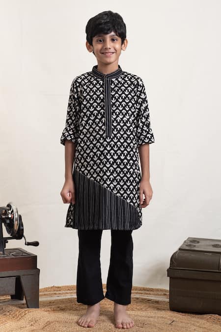 PlumCheeks Black 100% Cotton Hand Block Print Syahi And Embroidered Kurta Set  