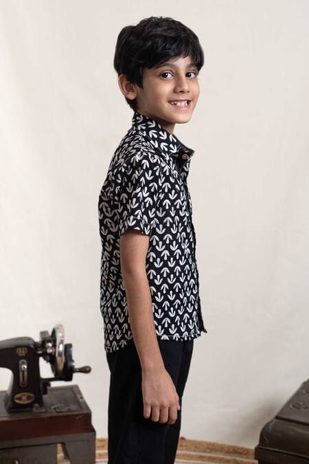 Shop_Plumcheeks_Black Cotton Embroidery And White Floral Printed Shirt_Online_at_Aza_Fashions