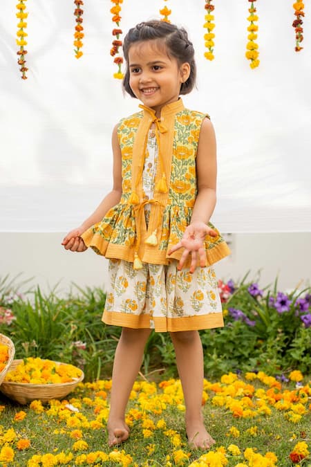 PlumCheeks Multi Color 100% Cotton Hand Block Print Marigold Dress  