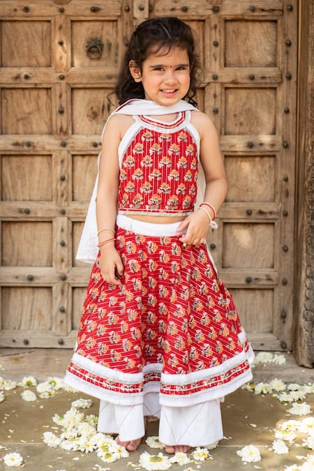 PlumCheeks Red 100% Cotton Hand Block Print Blossom Lehenga Set  