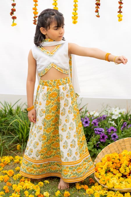 PlumCheeks White 100% Cotton Hand Block Printed Marigold Lehenga Set  