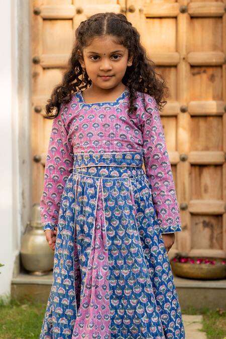 Plumcheeks_Blue Cotton Embroidery Color Block Printed Lehenga And Top Set_Online_at_Aza_Fashions