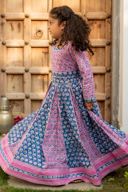 Buy_Plumcheeks_Blue Cotton Embroidery Color Block Printed Lehenga And Top Set_Online_at_Aza_Fashions
