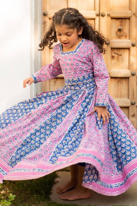 Shop_Plumcheeks_Blue Cotton Embroidery Color Block Printed Lehenga And Top Set_Online_at_Aza_Fashions