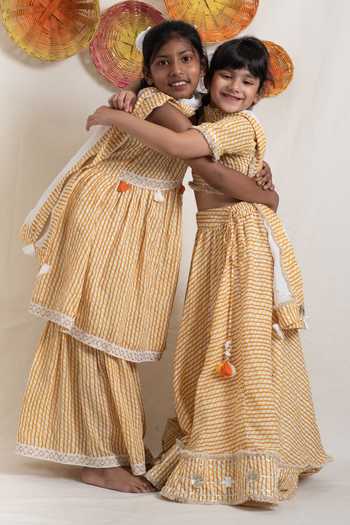 Plumcheeks Orange Cotton Embroidery, Tassels Utsav Checkered Block Print Lehenga Set Online at Aza Fashions Plumcheeks_Orange Cotton Embroidery, Tassels Utsav Checkered Block Print Lehenga Set_Online_at_Aza_Fashions