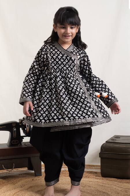 Plumcheeks_Black Cotton Gota Patti Syahi Block Print Angarkha And Dhoti Pant Set_Online_at_Aza_Fashions