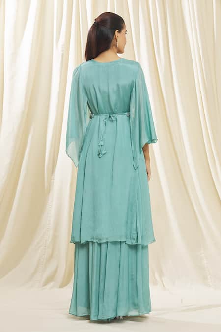 Shop Samyukta Singhania Blue Chiffon Embroidery Round Neck Aari Top And Skirt Set at Aza Fashions Shop_Samyukta Singhania_Blue Chiffon Embroidery Round Neck Aari Top And Skirt Set_at_Aza_Fashions