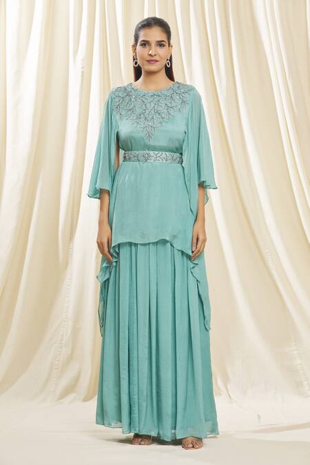 Samyukta Singhania Blue Chiffon Embroidery Round Neck Aari Top And Skirt Set Online at Aza Fashions Samyukta Singhania_Blue Chiffon Embroidery Round Neck Aari Top And Skirt Set_Online_at_Aza_Fashions