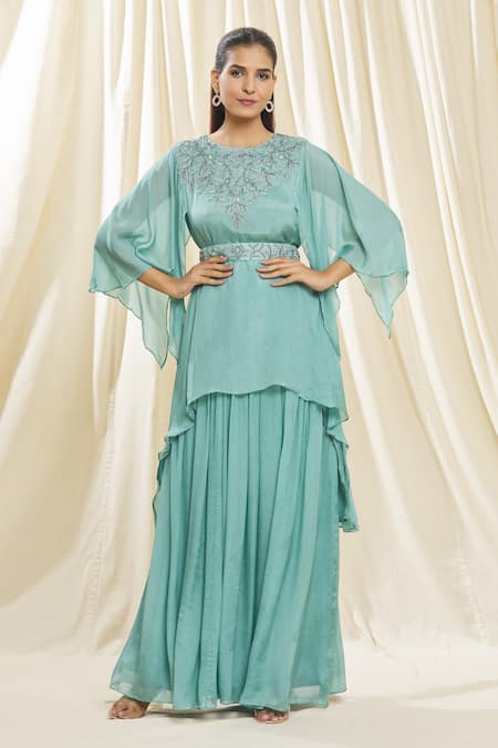 Buy Samyukta Singhania Blue Chiffon Embroidery Round Neck Aari Top And Skirt Set Online at Aza Fashions Buy_Samyukta Singhania_Blue Chiffon Embroidery Round Neck Aari Top And Skirt Set_Online_at_Aza_Fashions