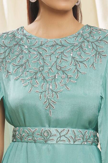 Shop Samyukta Singhania Blue Chiffon Embroidery Round Neck Aari Top And Skirt Set Online at Aza Fashions Shop_Samyukta Singhania_Blue Chiffon Embroidery Round Neck Aari Top And Skirt Set_Online_at_Aza_Fashions