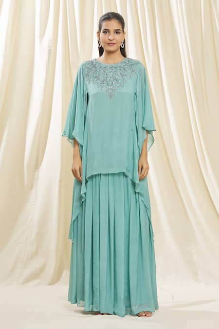 Buy Samyukta Singhania Blue Chiffon Embroidery Round Neck Aari Top And Skirt Set Buy_Samyukta Singhania_Blue Chiffon Embroidery Round Neck Aari Top And Skirt Set