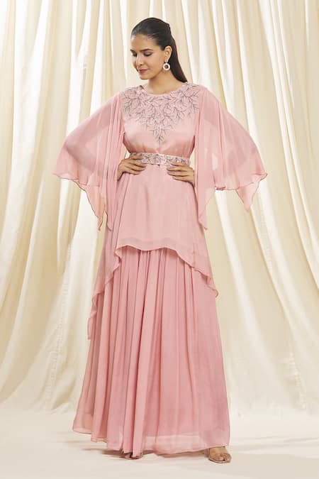 Samyukta Singhania Peach Chiffon Hand Embroidered Aari Work Round Neck Asymmetric Top And Skirt Set 