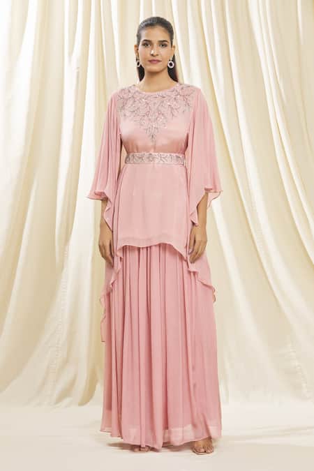 Samyukta Singhania_Peach Chiffon Buckles, Embroidery Round Neck Aari Asymmetric Top And Skirt Set_Online_at_Aza_Fashions