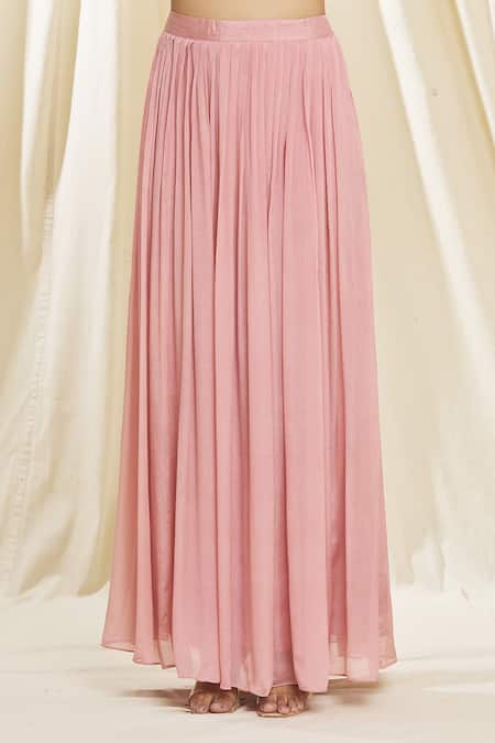 Buy_Samyukta Singhania_Peach Chiffon Buckles, Embroidery Round Neck Aari Asymmetric Top And Skirt Set_Online_at_Aza_Fashions