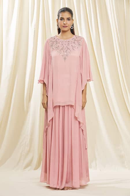 Buy_Samyukta Singhania_Peach Chiffon Buckles, Embroidery Round Neck Aari Asymmetric Top And Skirt Set