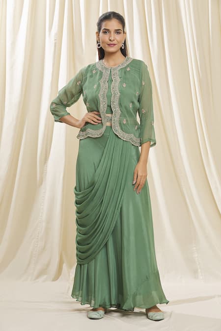 Nazaakat by Samara Singh Green Jacket Organza Hand Embroidered Zardozi Work Round Neck Skirt Saree Set