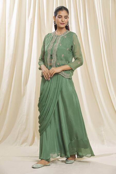 Samyukta Singhania_Green Chiffon, Organza Zari, Embroidery Round Zardozi Jacket Skirt Saree Set_Online_at_Aza_Fashions