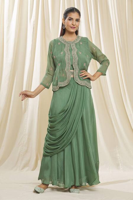 Buy_Samyukta Singhania_Green Chiffon, Organza Zari, Embroidery Round Zardozi Jacket Skirt Saree Set_Online_at_Aza_Fashions