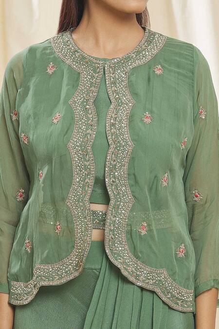 Shop_Samyukta Singhania_Green Chiffon, Organza Zari, Embroidery Round Zardozi Jacket Skirt Saree Set_Online_at_Aza_Fashions