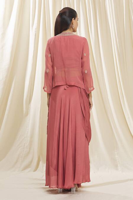 Shop Samyukta Singhania Peach Chiffon, Organza Zari Round Neck Zardozi Work Jacket Skirt Saree Set at Aza Fashions Shop_Samyukta Singhania_Peach Chiffon, Organza Zari Round Neck Zardozi Work Jacket Skirt Saree Set_at_Aza_Fashions