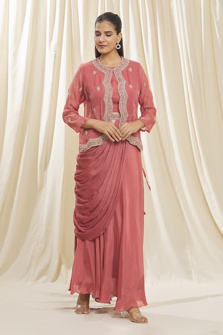 Samyukta Singhania Peach Chiffon, Organza Zari Round Neck Zardozi Work Jacket Skirt Saree Set Online at Aza Fashions Samyukta Singhania_Peach Chiffon, Organza Zari Round Neck Zardozi Work Jacket Skirt Saree Set_Online_at_Aza_Fashions
