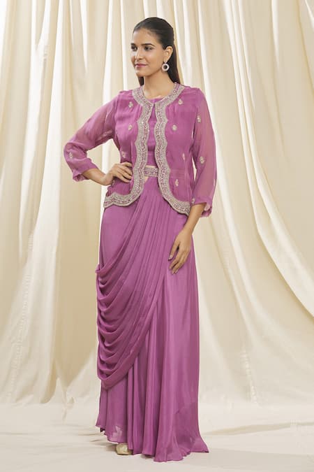 Samyukta Singhania Purple Jacket Organza Hand Embroidered Zardozi Work Round Neck Skirt Saree Set 