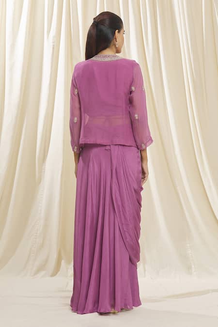 Shop Samyukta Singhania Purple Chiffon, Organza Zari, Embroidery Round Neck Jacket Skirt Saree Set at Aza Fashions Shop_Samyukta Singhania_Purple Chiffon, Organza Zari, Embroidery Round Neck Jacket Skirt Saree Set_at_Aza_Fashions