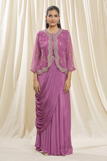 Samyukta Singhania Purple Chiffon, Organza Zari, Embroidery Round Neck Jacket Skirt Saree Set Online at Aza Fashions Samyukta Singhania_Purple Chiffon, Organza Zari, Embroidery Round Neck Jacket Skirt Saree Set_Online_at_Aza_Fashions